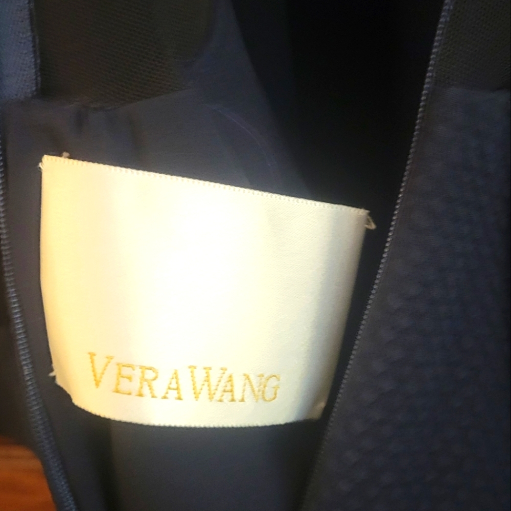 Vera Wang Dark Blue Button Closure Sheer Sleeve Flare Cuff Mid-Length Dress - Picture 5 of 5